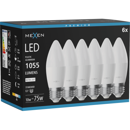 Mexen Nova 6x LED-Glühbirne E27, C37, 10W, Neutral - 4000K, 1055 lm - L102-E27-1040-01x06