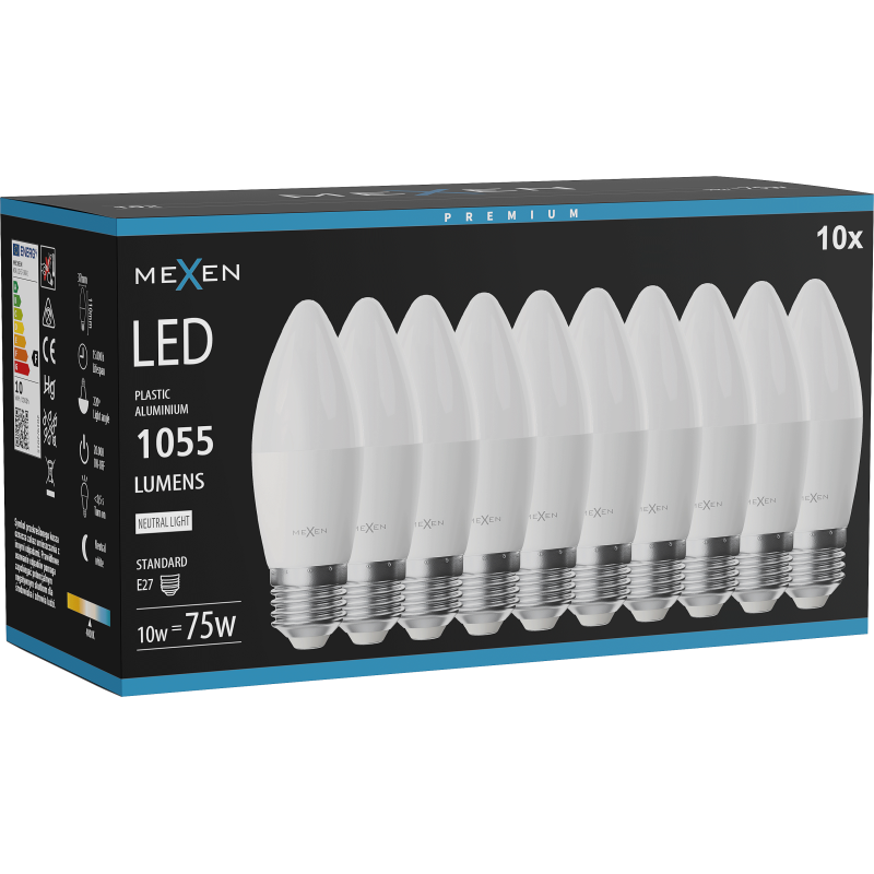 Mexen Nova 10x LED-Glühbirne E27, C37, 10W, Neutral - 4000K, 1055 lm - L102-E27-1040-01x10