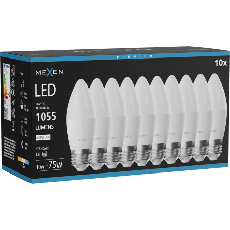 Mexen Nova 10x LED-Glühbirne E27, C37, 10W, Neutral - 4000K, 1055 lm - L102-E27-1040-01x10