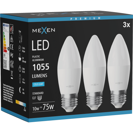 Mexen Nova 3x LED Glühbirne E27, C37, 10W, Kalt - 6500K, 1055 lm - L102-E27-1065-01x03