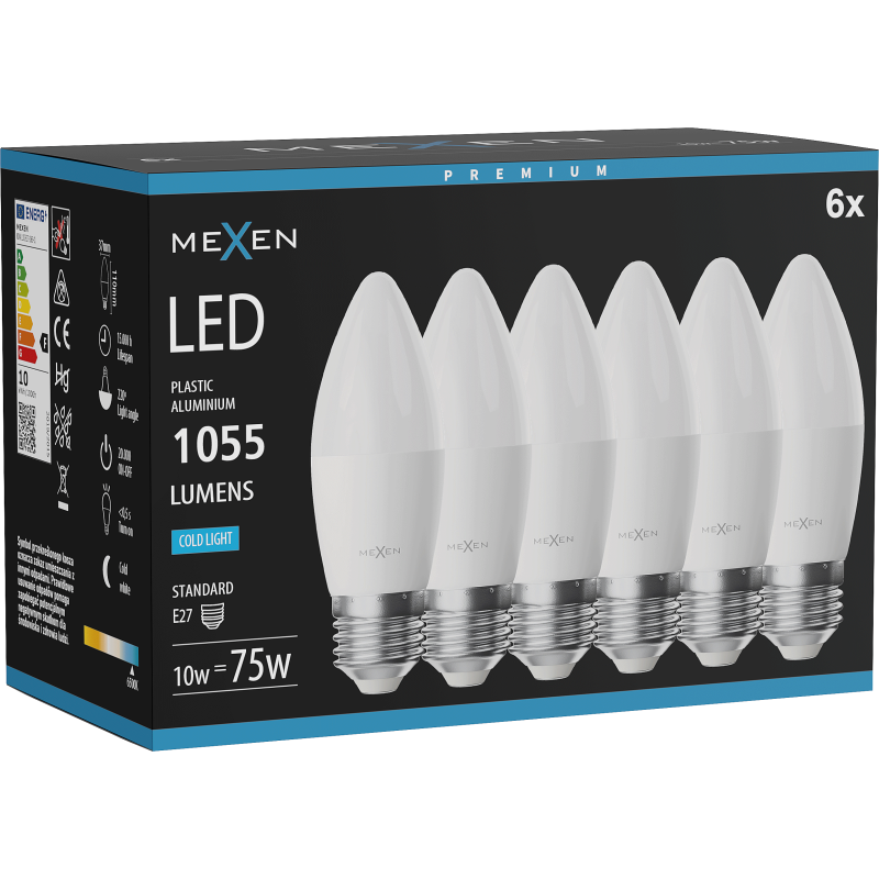 Mexen Nova 6x LED-Glühbirne E27, C37, 10W, Kalt - 6500K, 1055 lm - L102-E27-1065-01x06