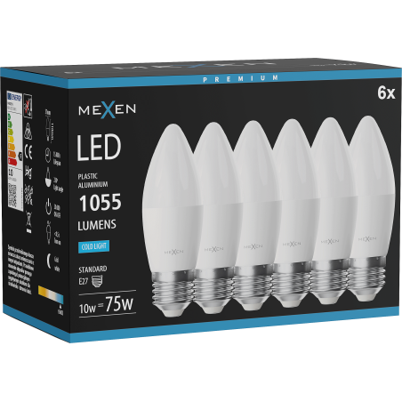 Mexen Nova 6x LED-Glühbirne E27, C37, 10W, Kalt - 6500K, 1055 lm - L102-E27-1065-01x06