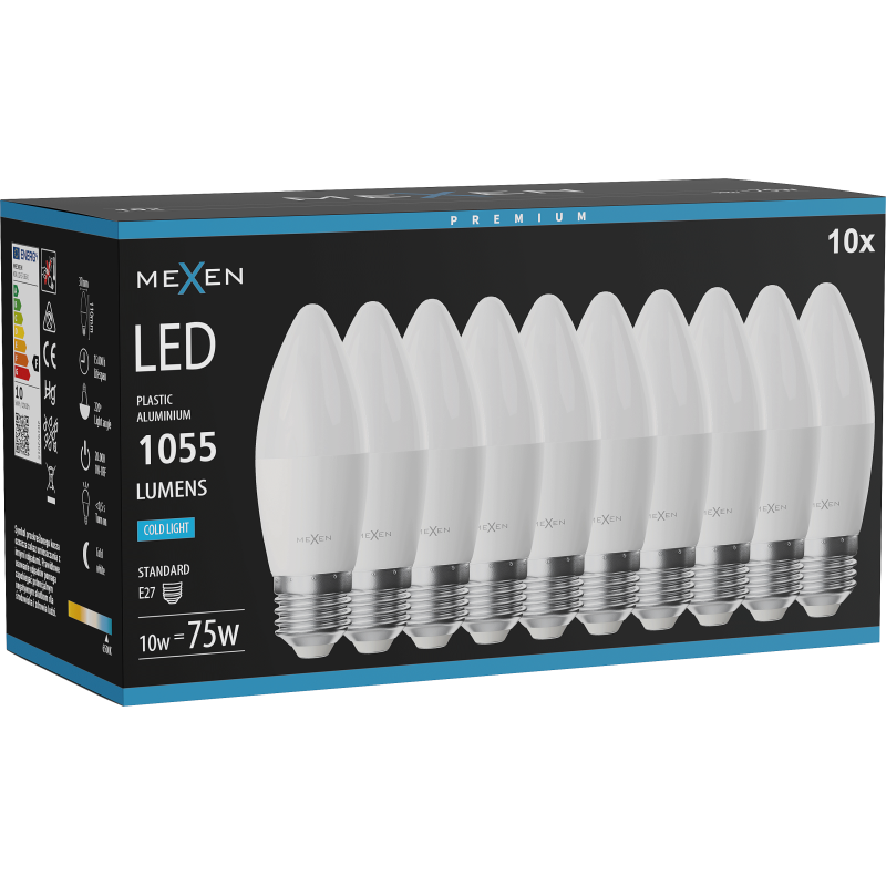Mexen Nova 10x LED-Glühbirne E27, C37, 10W, Kalt - 6500K, 1055 lm - L102-E27-1065-01x10