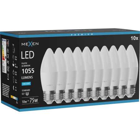 Mexen Nova 10x LED-Glühbirne E27, C37, 10W, Kalt - 6500K, 1055 lm - L102-E27-1065-01x10