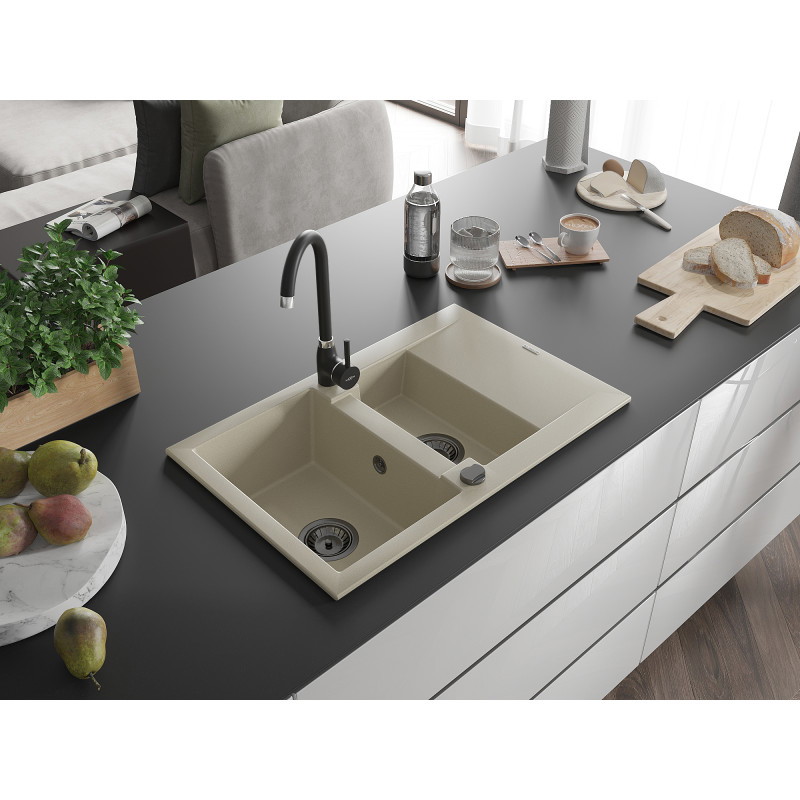 Mexen Gaspar Granitspüle 1,5-beckig mit Abtropffläche 737 x 475 mm, beige, schwarzer Siphon - 6507731505-69-B