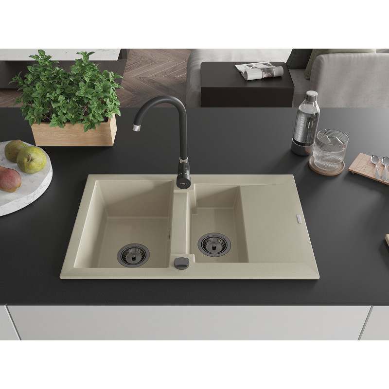 Mexen Gaspar Granitspüle 1,5-beckig mit Abtropffläche 737 x 475 mm, beige, schwarzer Siphon - 6507731505-69-B