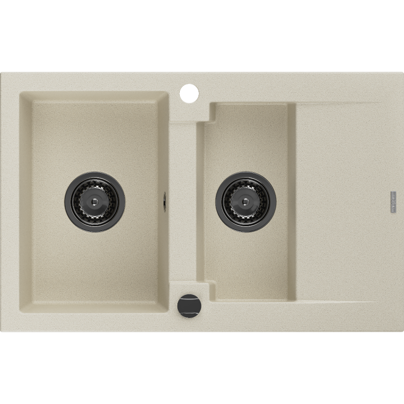 Mexen Gaspar Granitspüle 1,5-beckig mit Abtropffläche 737 x 475 mm, beige, schwarzer Siphon - 6507731505-69-B