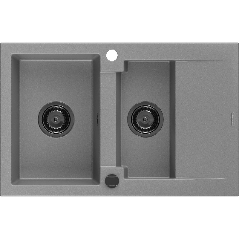 Mexen Gaspar Granitspüle 1,5 Becken mit Abtropffläche 737 x 475 mm, Grau, schwarzer Siphon - 6507731505-71-B