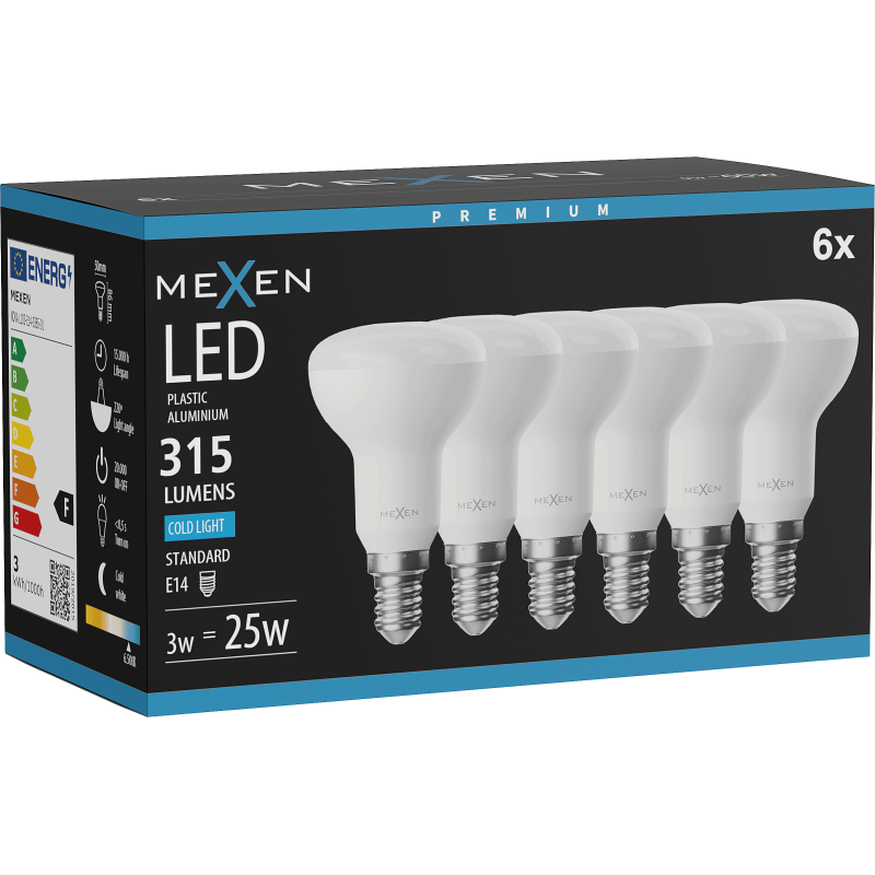 Mexen Nova 6x LED-Glühbirne E14, R50, 3W, Kalt - 6500K, 315 lm - L103-E14-0365-01x06