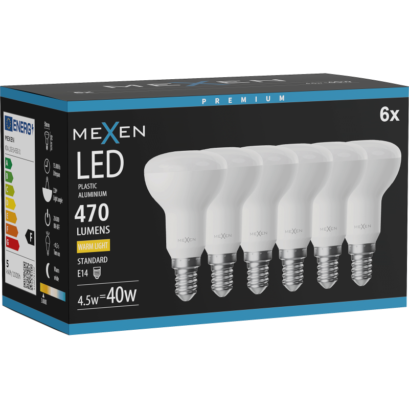 Mexen Nova 6x LED-Glühbirne E14, R50, 4,5W, Warm - 3000K, 470 lm - L103-E14-0530-01x06