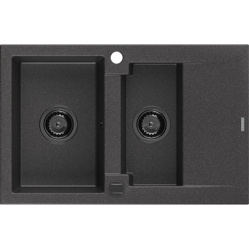 Mexen Gaspar Granitspüle 1,5-Becken mit Abtropffläche 737 x 475 mm, schwarz gesprenkelt, schwarzer Siphon - 6507731505-76-B