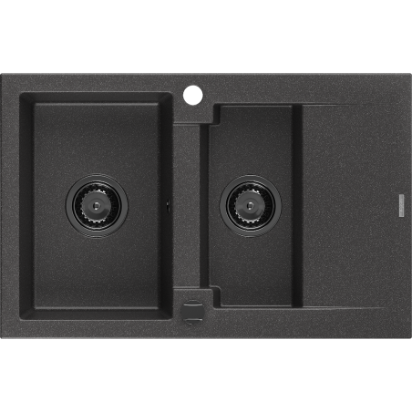 Mexen Gaspar Granitspüle 1,5-Becken mit Abtropffläche 737 x 475 mm, schwarz gesprenkelt, schwarzer Siphon - 6507731505-76-B