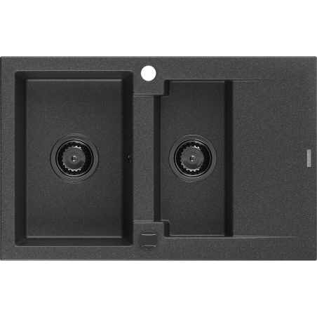 Mexen Gaspar Granitspüle 1,5-beckig mit Abtropffläche 737 x 475 mm, schwarz gesprenkelt, schwarzer Siphon - 6507731505-76-B