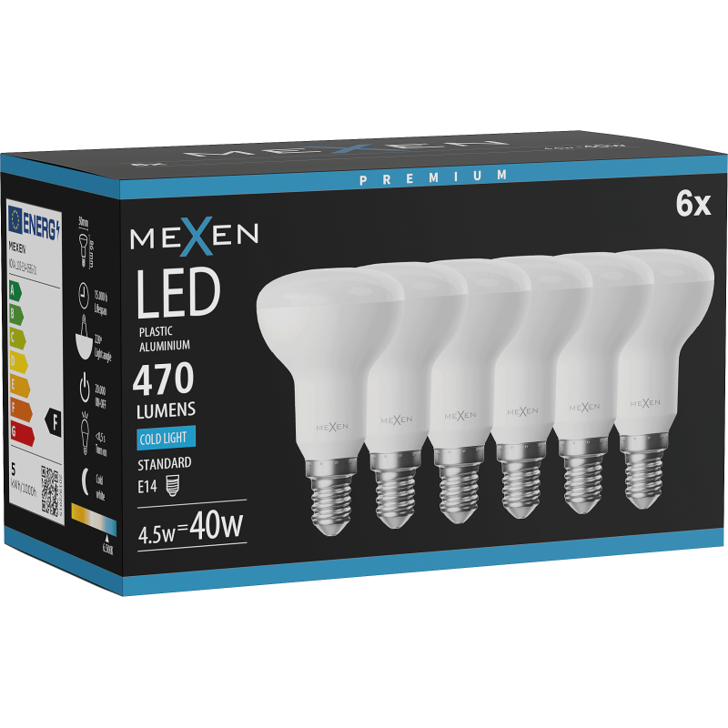Mexen Nova 6x LED Glühbirne E14, R50, 4,5W, Kalt - 6500K, 470 lm - L103-E14-0565-01x06