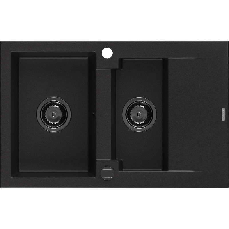 Mexen Gaspar granitspüle 1,5-beckig mit Abtropffläche 737 x 475 mm, schwarz, schwarzer Siphon - 6507731505-77-B