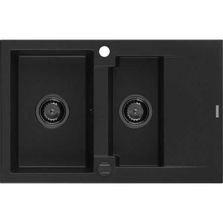 Mexen Gaspar granitspüle 1,5-beckig mit Abtropffläche 737 x 475 mm, schwarz, schwarzer Siphon - 6507731505-77-B