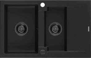 Mexen Gaspar 1,5-Becken-Granitspüle mit Abtropffläche 737 x 475 mm, Schwarz, Siphon Schwarz - 6507731505-77-B