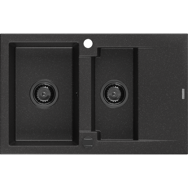 Mexen Gaspar 1,5-Kammer Granitspüle mit Abtropffläche 737 x 475 mm schwarz/silber metallic, schwarzer Siphon - 6507731505-73-B
