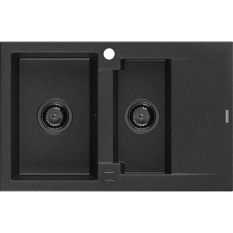 Mexen Gaspar Granitspüle 1,5-Becken mit Abtropffläche 737 x 475 mm schwarz/silber metallisch, schwarzer Siphon