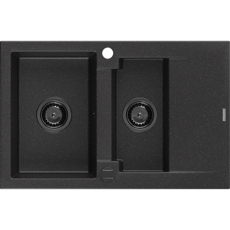 Mexen Gaspar 1,5-Kammer Granitspüle mit Abtropffläche 737 x 475 mm schwarz/silber metallic, schwarzer Siphon - 6507731505-73-B