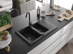 Mexen Gaspar Granitspüle 1,5-tlg. mit Abtropffläche 737 x 475 mm schwarz/silber metallic, schwarzer Siphon - 6507731505-73-B