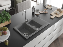 Mexen Gaspar Granitspüle 1,5-Becken mit Abtropffläche 737 x 475 mm, grau, Siphon Chrom - 6507731505-71