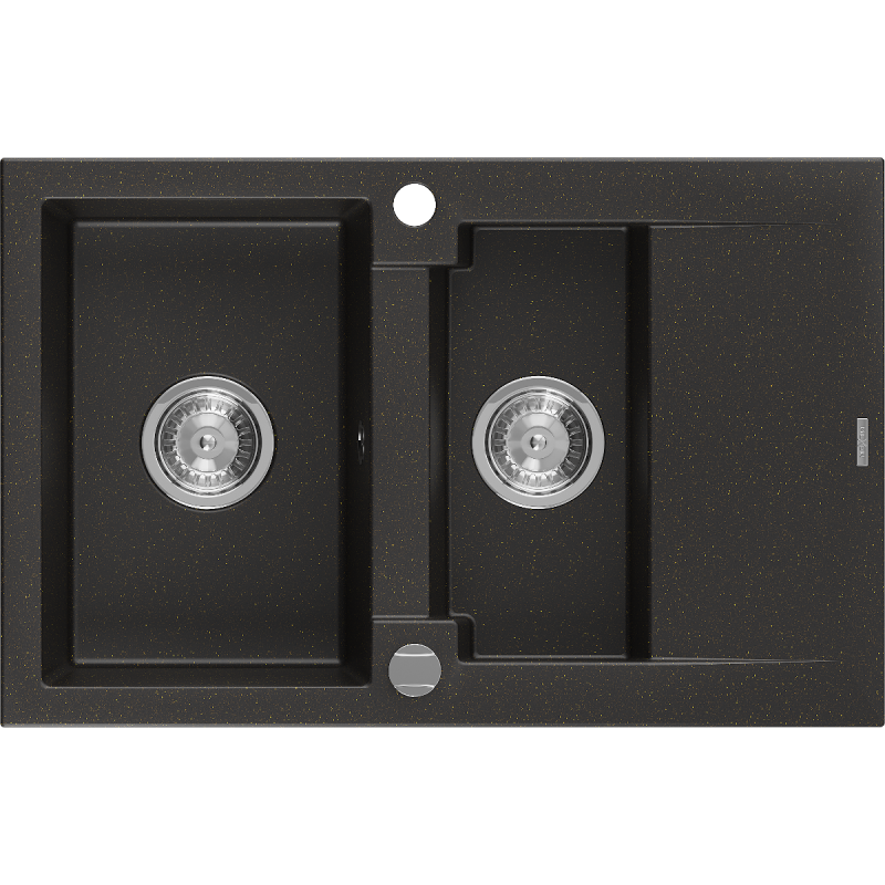 Mexen Gaspar Granitspüle 1,5-Becken mit Abtropffläche 737 x 475 mm, schwarz/gold metallic, Siphon chrom - 6507731505-75