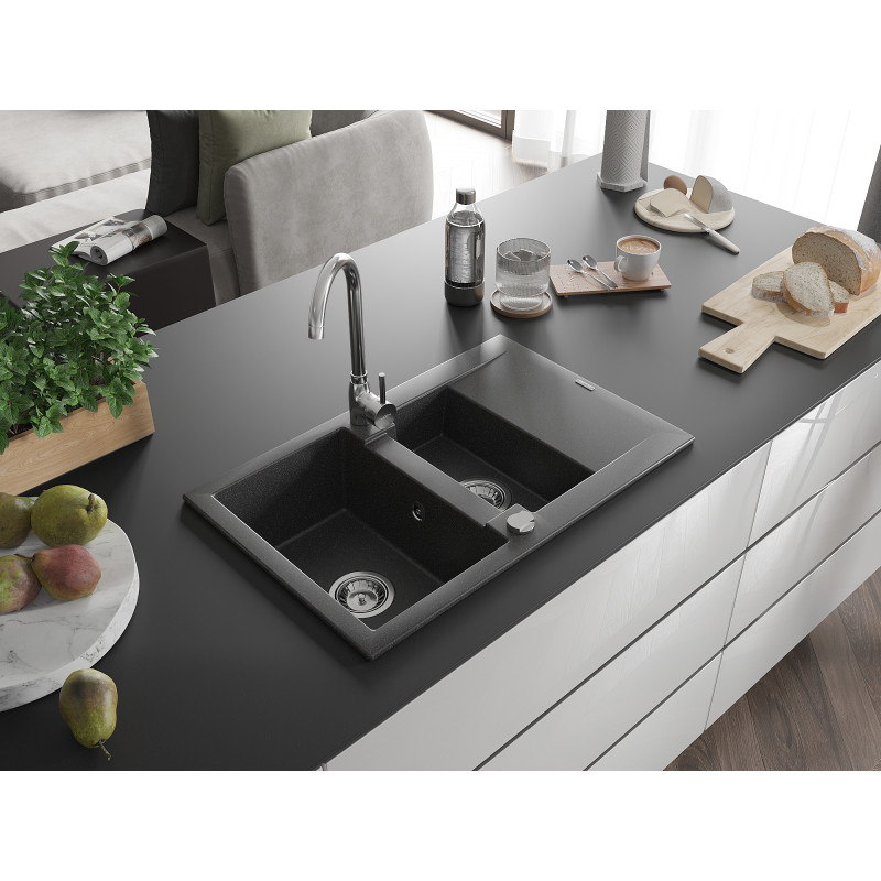 Mexen Gaspar Granitspüle 1,5 Kammern mit Abtropffläche 737 x 475 mm, schwarz gesprenkelt, Siphon chrom - 6507731505-76