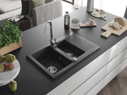 Mexen Gaspar Granitspüle 1,5 Kammern mit Abtropffläche 737 x 475 mm, schwarz gesprenkelt, Siphon chrom - 6507731505-76