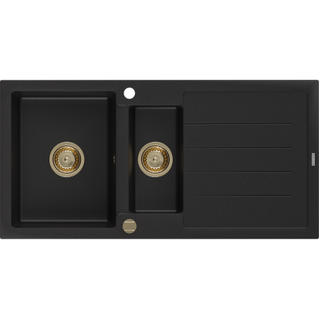 Mexen Andres Granitspüle 1,5-Becken mit Abtropffläche 1000 x 500 mm schwarz, Siphon gold - 6515101510-77-G