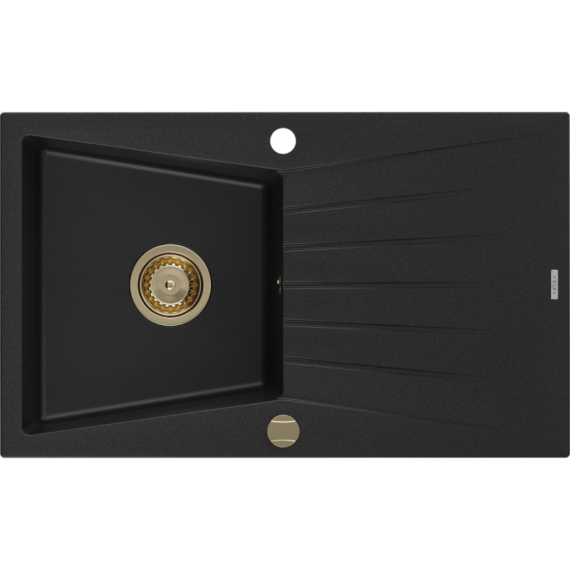 Mexen Cesar Granitspüle 1-Becken mit Abtropffläche 775 x 470 mm, schwarz, goldener Siphon - 6514771010-77-G