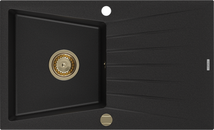 Mexen Cesar Granitspüle 1-Becken mit Abtropffläche 775 x 470 mm, schwarz, goldener Siphon - 6514771010-77-G