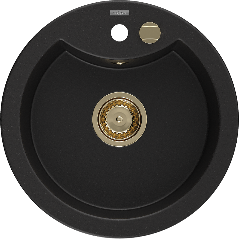 Mexen Diego Granitspüle 1-beckig 488 x 480 mm, schwarz, goldener Siphon - 6512481000-77-G