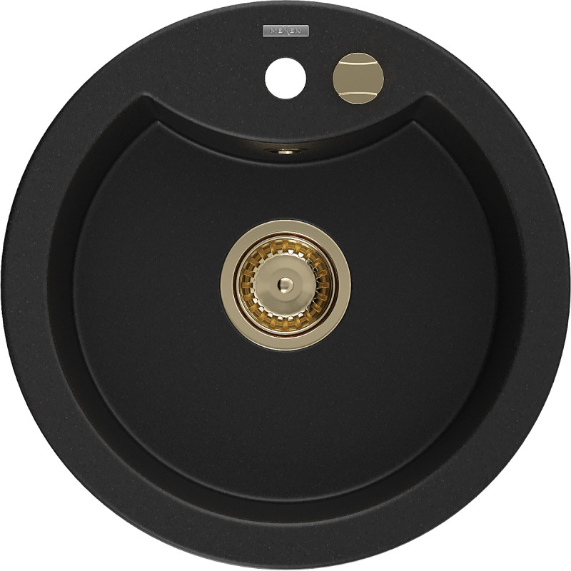 Mexen Diego Granitspüle 1-Kammer 488 x 480 mm, schwarz, goldener Siphon - 6512481000-77-G