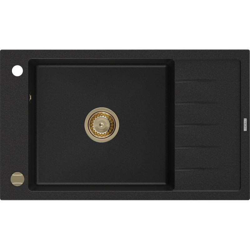 Mexen Elias granitspüle 1-becken mit abtropffläche 795 x 480 mm, schwarz, goldener siphon - 6511791005-77-G