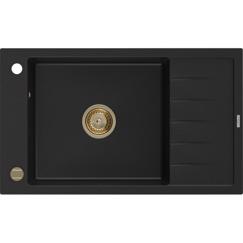 Mexen Elias Granitspüle 1-beckig mit Abtropffläche 795 x 480 mm, schwarz, goldener Siphon - 6511791005-77-G
