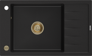 Mexen Elias Granitspüle 1-beckig mit Abtropffläche 795 x 480 mm, schwarz, goldener Siphon - 6511791005-77-G