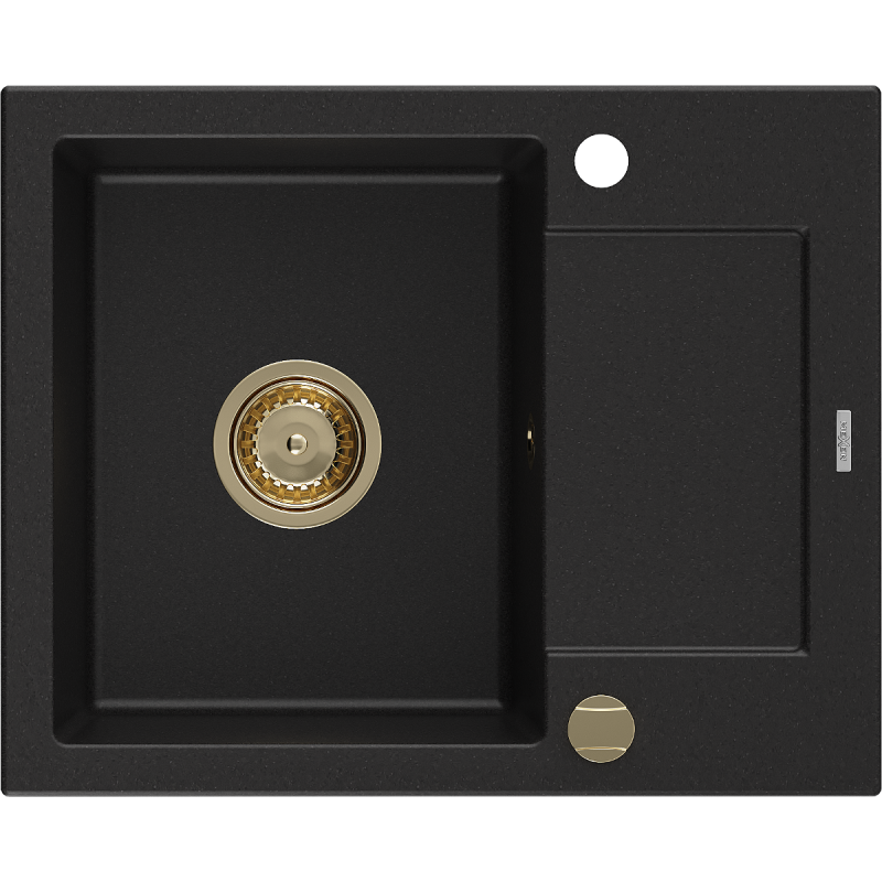 Mexen Enzo Granitspüle 1-Becken mit Abtropffläche 576 x 465 mm, schwarz, goldener Siphon - 6506571005-77-G
