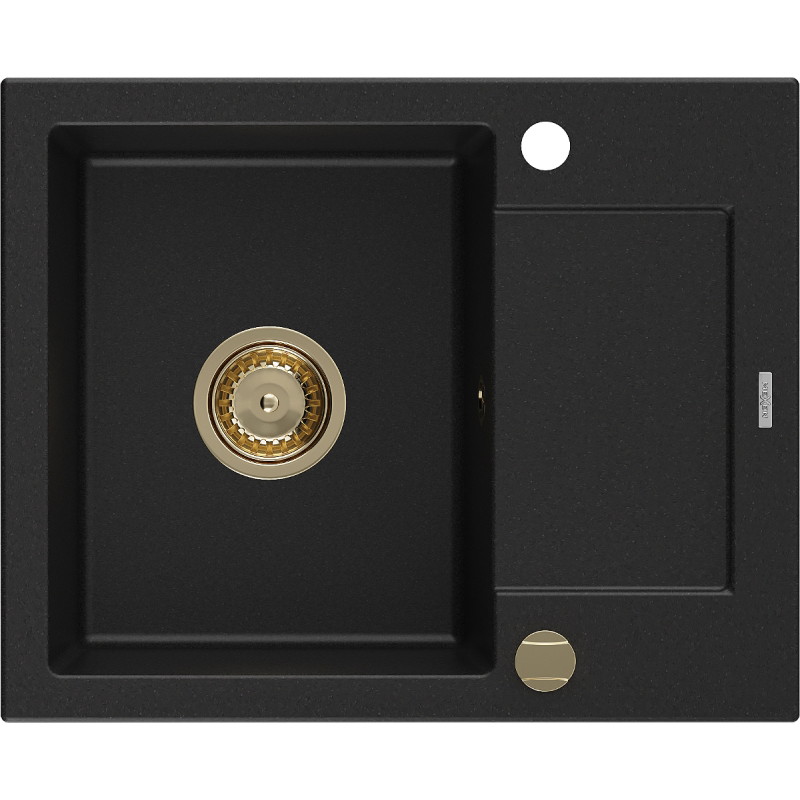 Mexen Enzo Granitspüle 1-beckig mit Abtropffläche 576 x 465 mm, schwarz, goldenes Siphon - 6506571005-77-G
