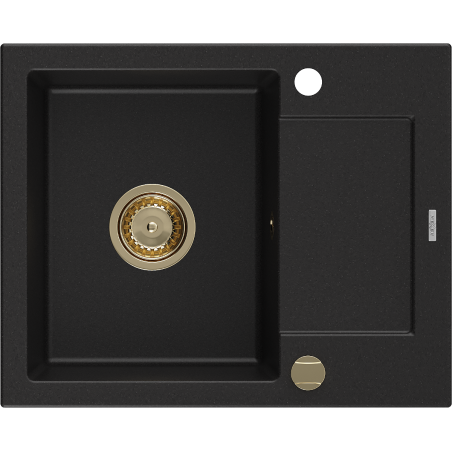Mexen Enzo Granitspüle 1-Becken mit Abtropffläche 576 x 465 mm, schwarz, goldener Siphon - 6506571005-77-G