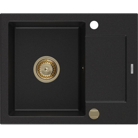 Mexen Enzo Granitspüle 1-Becken mit Abtropffläche 576 x 465 mm, schwarz, Syphon gold - 6506571005-77-G