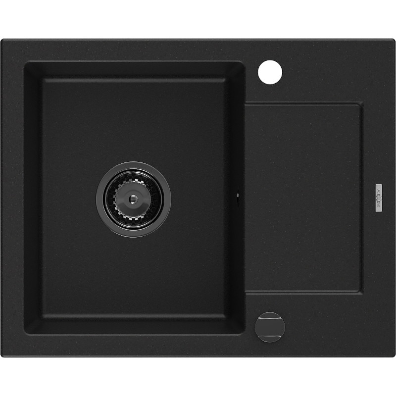 Mexen Enzo Granitspüle 1-beckig mit Abtropffläche 576 x 465 mm, schwarz, schwarzer Siphon - 6506571005-77-B