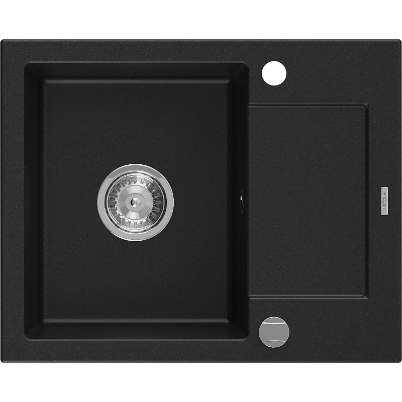 Mexen Enzo Granitspüle 1-beckig mit Abtropffläche 576 x 465 mm, schwarz, chrom Siphon - 6506571005-77