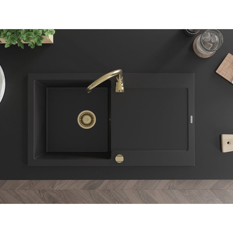 Mexen Leo Granitspüle 1-Becken mit Abtropffläche 900 x 500 mm, schwarz, goldener Siphon - 6501901010-77-G