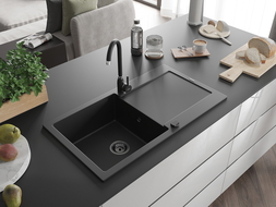 Mexen Leo Granitspüle mit einem Becken und einer Abtropffläche 900 x 500 mm, Schwarz, Siphon Schwarz - 6501901010-77-B