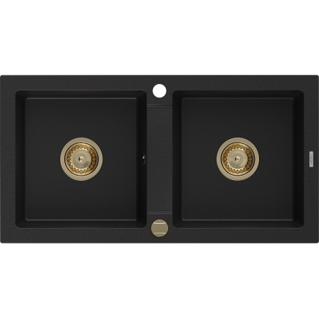 Mexen Mario Granitspüle 2-Kammer 820 x 436 mm, schwarz, goldener Siphon - 6504822000-77-G