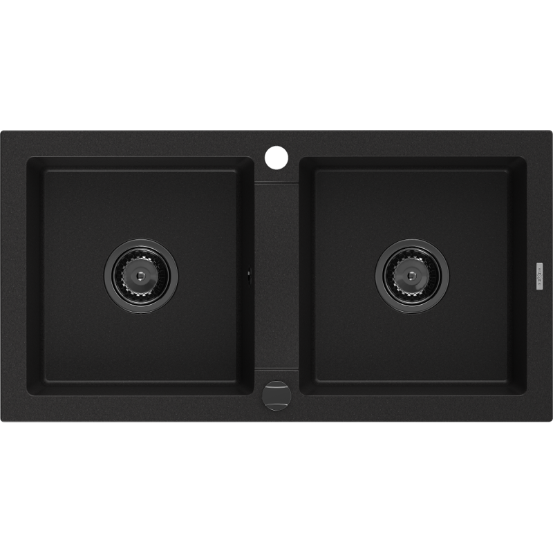 Mexen Mario Granitspüle 2-Becken 820 x 436 mm, schwarz, schwarzer Siphon - 6504822000-77-B