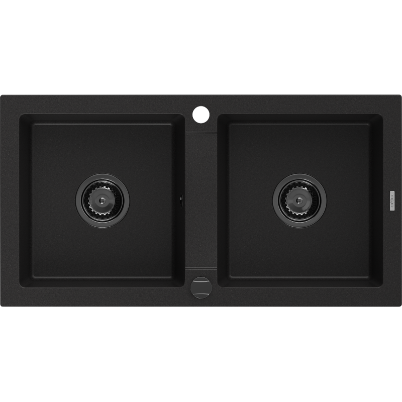 Mexen Mario Granitspüle 2-Kammer 820 x 436 mm, schwarz, Siphon schwarz - 6504822000-77-B