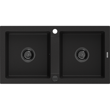 Mexen Mario Granitspüle 2-Becken 820 x 436 mm, schwarz, schwarzer Siphon - 6504822000-77-B