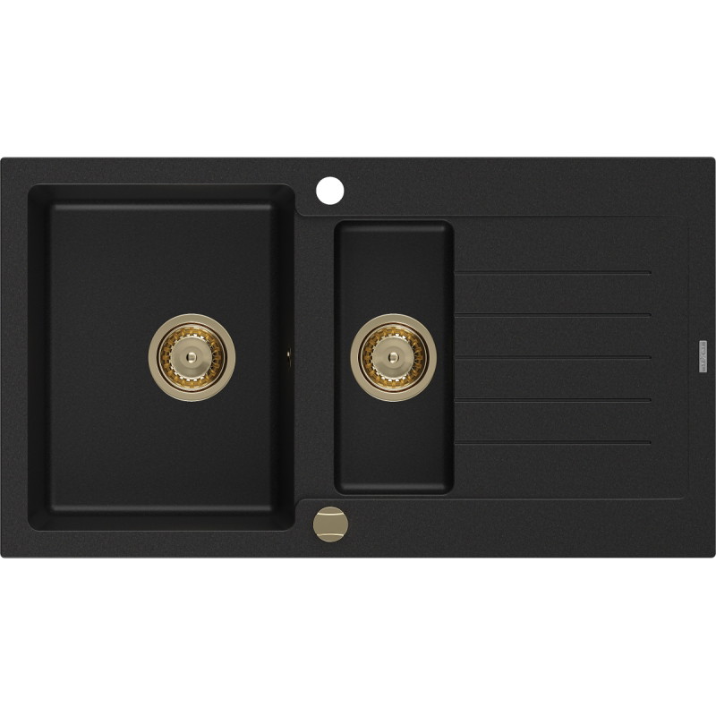 Mexen Matias Granitspüle 1,5-Becken mit Abtropffläche 900 x 505 mm, schwarz, goldener Siphon - 6502901505-77-G